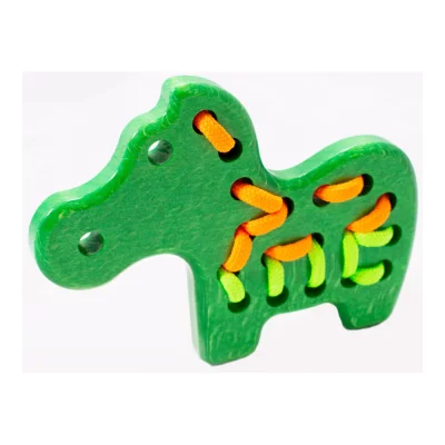 Zebra verde, jucărie de lemn cu șireturi