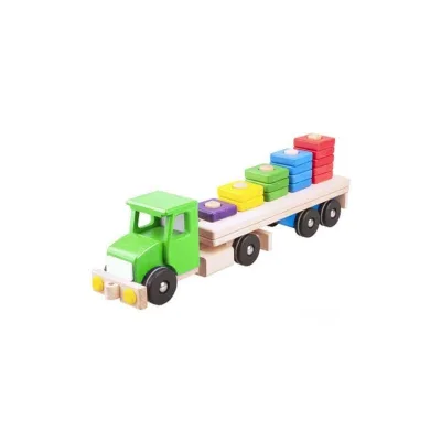 Camion verde cu semiremorca si blocuri din lemn 52 cm